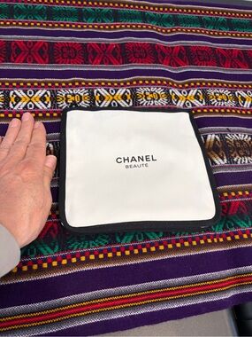 CHANEL White and Black Logo Cosmetic Pouch